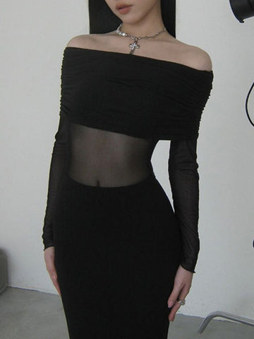 Long Sleeves Skinny Pleated See-Through Solid Color Split-Joint Off-The-Shoulder Evening Dresses Maxi Dresses