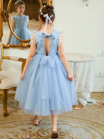 Ball-Gown/Princess Satin Tulle Tea-length Blue Dress (2003225970)