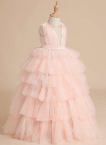 Ball-Gown/Princess Pearl Pink Sleeveless Tulle Bow Flower Girl Dress (010220814)