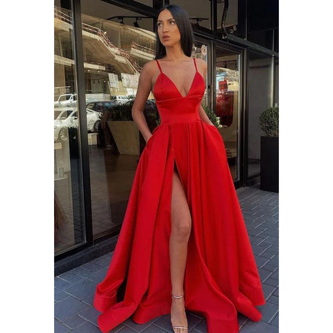 Vestido de noche largo de satén con tirantes finos y escote en V para graduación