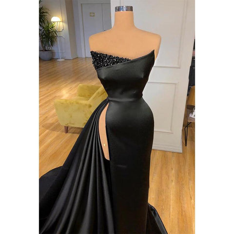 Vestido de noche formal negro sexy con escote en V y cuentas y abertura lateral 