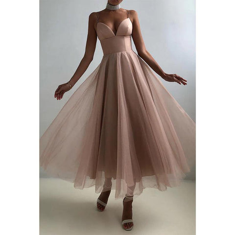 Robe de soirée simple à bretelles spaghetti et col en V 