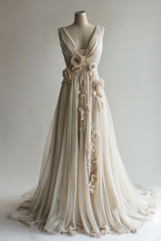 Robe de bal/mariée charmante à col en V, ornée d'appliqués et de perles, Y8032