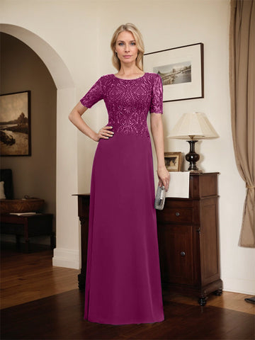 A-line Scoop Floor-Length Lace Chiffon Mother of the Bride Dress With Sequins