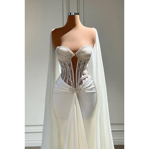 Elegante y encantador vestido de fiesta formal de sirena con hombros descubiertos y mangas cortas