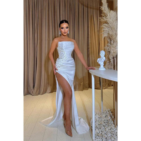 Sheath Strapless Satin Pleated Beads Long Prom Dress with Slit