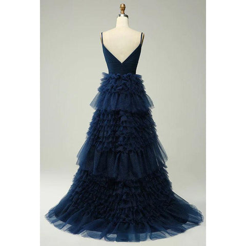 Vestido largo de fiesta de bienvenida con escote en V, tirantes finos y tul fruncido, corte A 