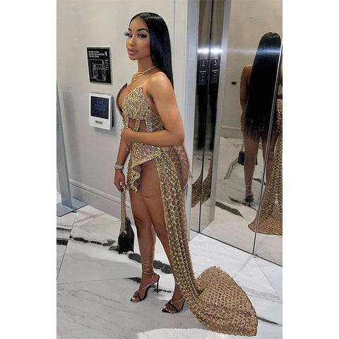 Vestido de fiesta largo con escote en V y cuentas pesadas para chicas negras 