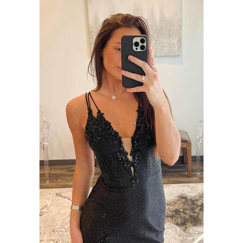 Vestido de noche para fiesta de graduación, sexy y atractivo, con tirantes, escote en V, espalda cruzada y abertura lateral