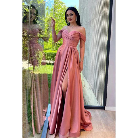 Hermoso y encantador vestido formal de fiesta con mangas cortas, abertura lateral y hombros descubiertos en forma de A