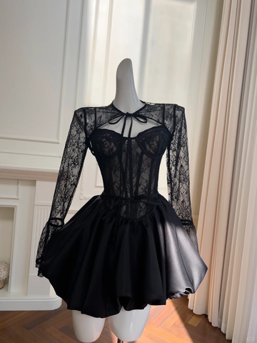 Robe de bal courte en satin et dentelle noire sexy, coupe trapèze, Y8590
