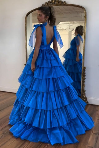 Princess A Line Deep V Neck Long Prom Dress with Ruffles