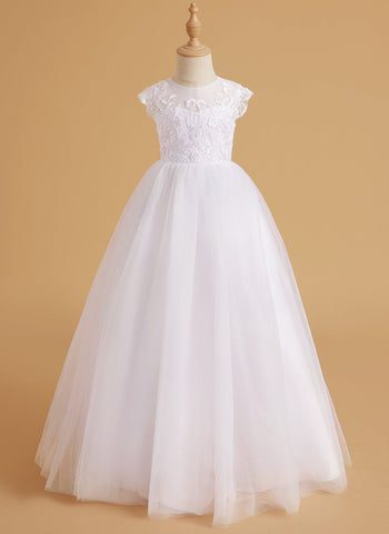 A-line Lace Tulle Sweep Train Pink Flower Girl Dress