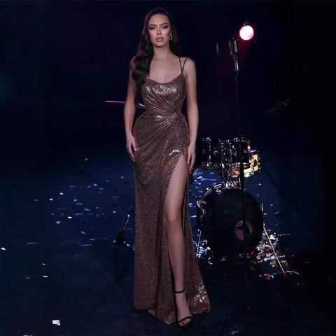 Sequin Off-Shoulder Slit Prom Dress