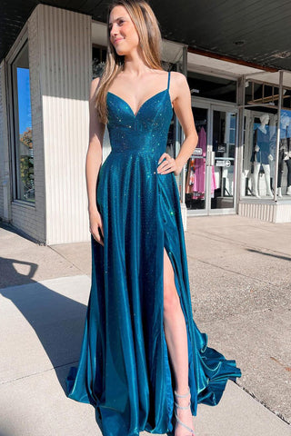 A Line Spaghetti Straps Peacock Blue Long Prom Dress with Split Front