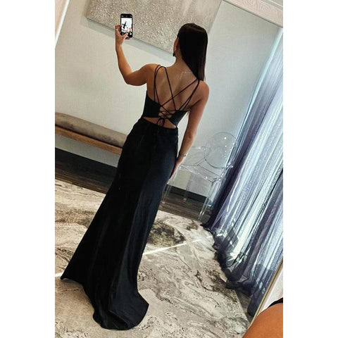 Vestido de noche para fiesta de graduación, sexy y atractivo, con tirantes, escote en V, espalda cruzada y abertura lateral