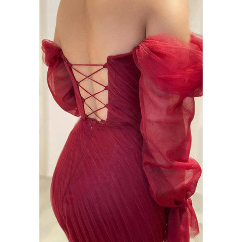 Robe de bal de fin d'année à lacets, style sirène et trompette, chic et moderne, épaules dénudées, manches longues