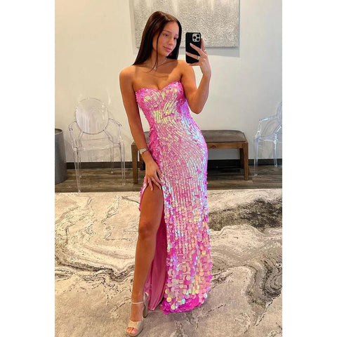 Glamoroso vestido de noche para fiesta de graduación, sin mangas, con hombros descubiertos y abertura lateral con lentejuelas