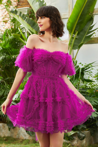 Vestido único de fiesta de bienvenida con corsé de tul fucsia con escote en A y hombros descubiertos