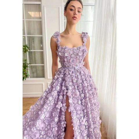 Vestido de fiesta formal de corte A con tirantes cuadrados, glamuroso y dramático, con flores