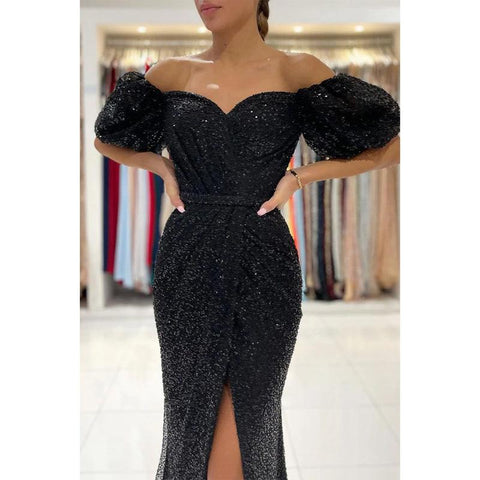 Robe de bal sirène unique à épaules dénudées et manches courtes, fendue haute, paillettes 