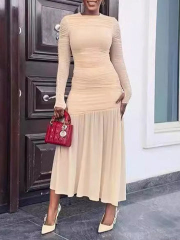 Long Sleeves Skinny Pleated See-Through Solid Color Split-Joint Round-Neck Evening Dresses Maxi Dresses