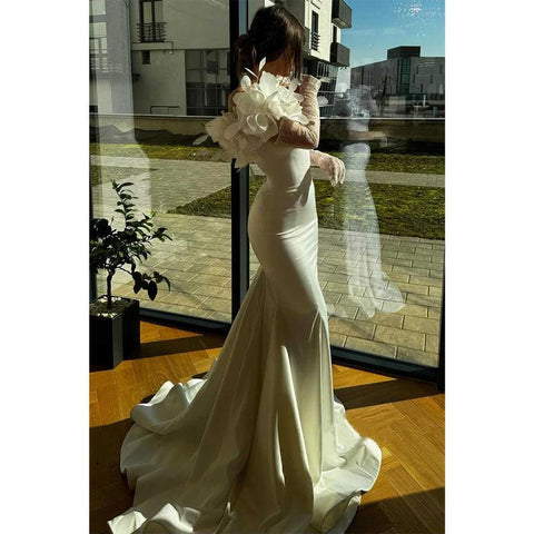 Vestido de noche de fiesta con escote en forma de trompeta, manga larga y adornos florales 