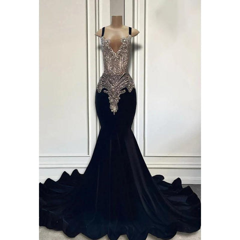 Vestido de fiesta de noche con escote en V, tirantes finos, volantes y pedrería, corte sirena/trompeta