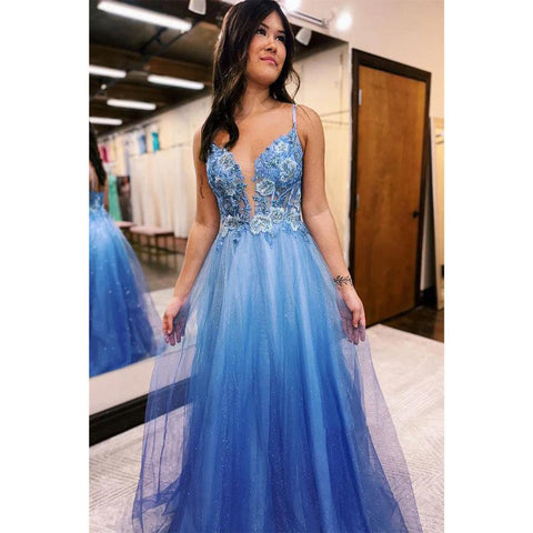 Robe de soirée longue en tulle pailleté ombré à bretelles spaghetti et col en V 