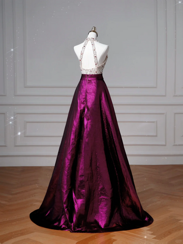 Elegante vestido de fiesta largo de noche, corte A, de satén morado con cuentas y escote halter, modelo Y8609