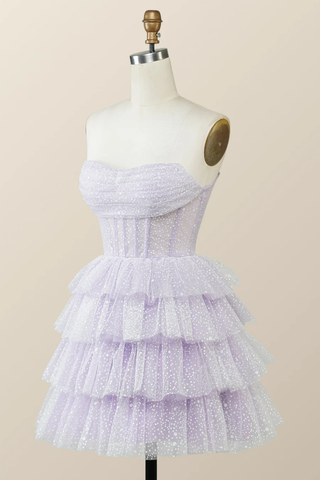 Vestido corto de fiesta de bienvenida color lavanda sin tirantes con cuello drapeado Y2780