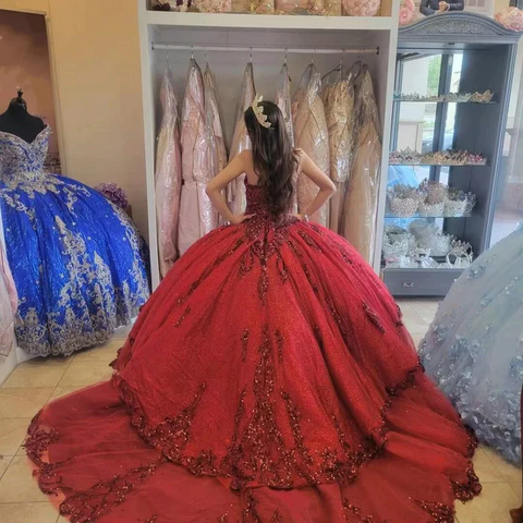 Vestidos rojos de quinceañera con lentejuelas, apliques de cuentas, escote corazón, vestidos de fiesta formales de princesa, vestidos Y4257
