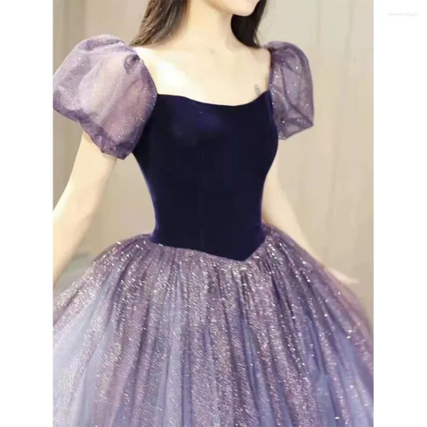 Vestido de noche formal de tul morado de manga corta, estilo línea A, modelo Y4291