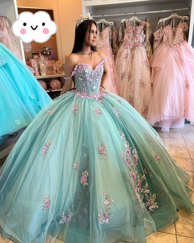 Robe de bal princesse bleu lac, fleurs 3D, robe de quinceañera épaules dénudées, appliques perlées, robe maxi sweet 16 Y2632