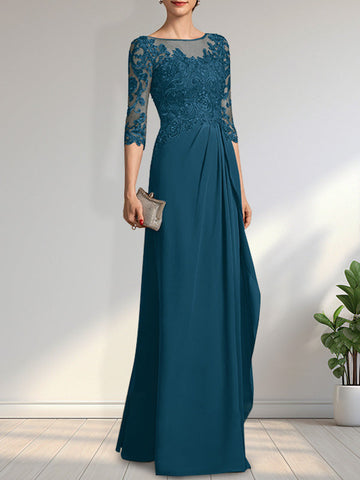 A-line Scoop Illusion Floor-Length Chiffon Lace Mother of the Bride Dress With Beading Sequins Cascading Ruffles