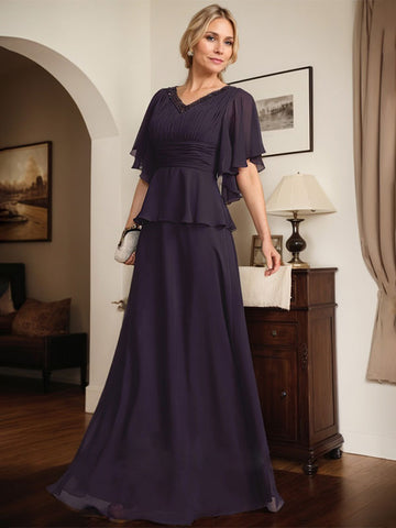 A-line V-Neck Floor-Length Chiffon Mother of the Bride Dress With Pleated Beading