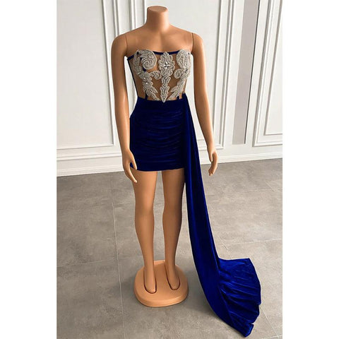 Vestido africano corto de terciopelo con cuentas pesadas y sin tirantes para fiesta de graduación para chica negra 