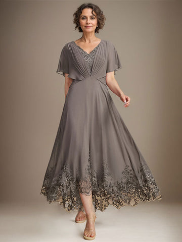 A-line V-Neck Asymmetrical Lace Chiffon Mother of the Bride Dress With Pleated