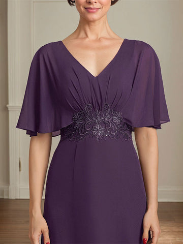 A-line V-Neck Floor-Length Chiffon Mother of the Bride Dress With Pleated Sequins Appliques Lace