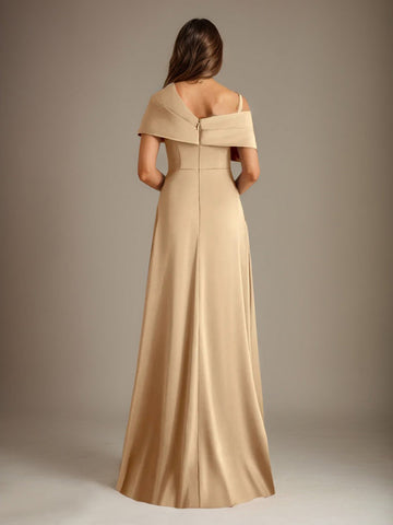 A-Line Asymmetrical Neckline Floor-Length Satin Mother of the Bride Dress With Pleated