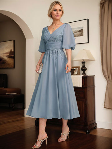 A-line V-Neck Tea-Length Lace Chiffon Mother of the Bride Dress With Pleated