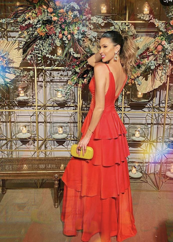 Robe de soirée rouge à bretelles spaghetti et volants, coupe trapèze, référence Y5466