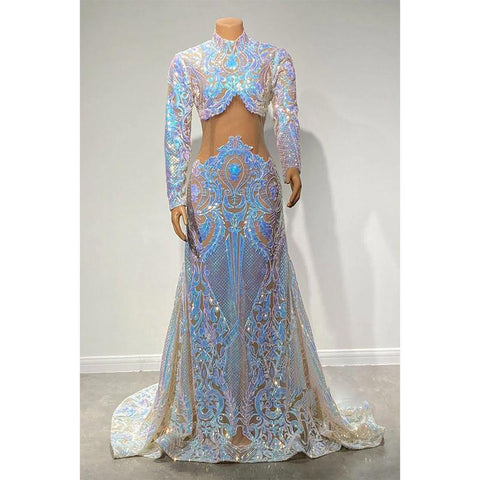 Robe de bal sirène à col haut et paillettes appliquées, unique pour fille noire 