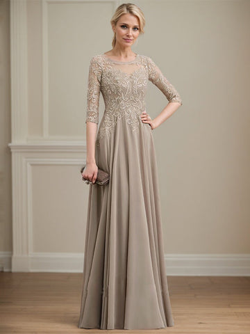 A-line Scoop Illusion Floor-Length Lace Chiffon Mother of the Bride Dress With Sequins