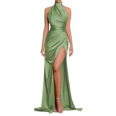Robe de bal longue à décolleté haut et fente haute