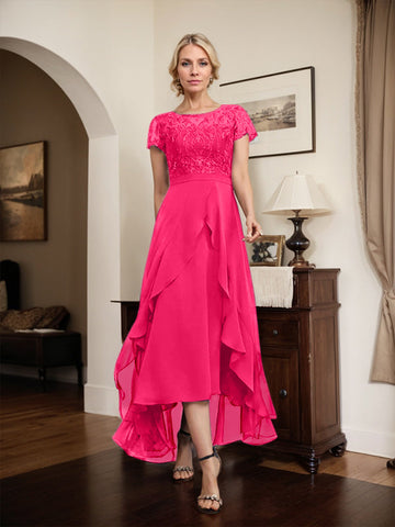 A-line Scoop Illusion Asymmetrical Chiffon Lace Mother of the Bride Dress With Bow Ruffle Sequins