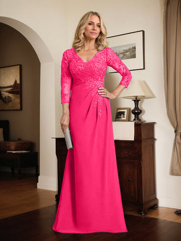 Sheath/Column V-Neck Illusion Floor-Length Lace Chiffon Mother of the Bride Dress With Pleated Sequins