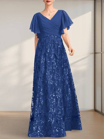A-line V-Neck Floor-Length Lace Sequin Chiffon Mother of the Bride Dress With Pleated