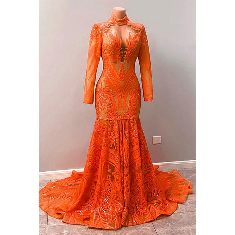 Robe de bal sirène américaine unique à col haut et manches longues avec appliques de paillettes 