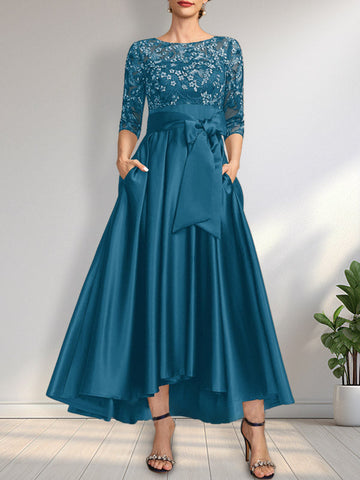 A-line Scoop Illusion Asymmetrical Satin Lace Mother of the Bride Dress With Bow